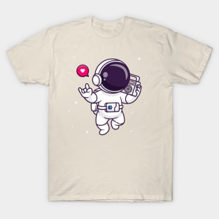 Cute Astronaut Listening Boombox In Space Cartoon T-Shirt